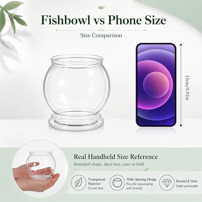 Mini Plastic Fish Bowl with Artificial Aquatic Plants, 27 oz Decorative Fish Bowls Unbreakable Plastic Betta Fishes Tank Clear Round Desktop Vases Bowls for Home Decor, Centerpiece Vases, Candy