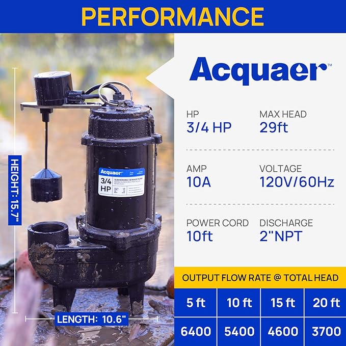 Acquaer Sewage Pump, Cast Iron, Automatic Tethered Float Switch, Sewage Effluent Pump for Sump Basin, Basement, Residential Sewage, 2'' NPT Discharge, Dark Black