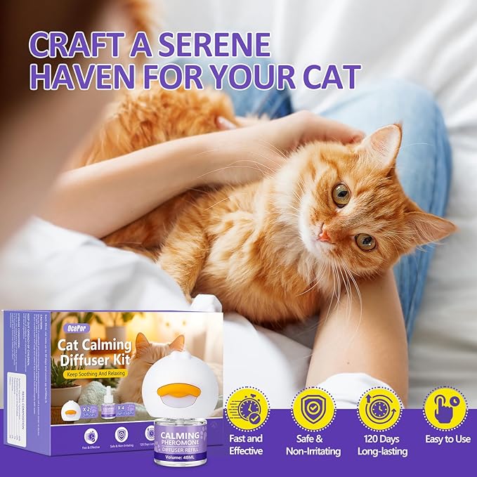 OcePor Cat Calming Diffuser 4 Refill Solutions, 2 Plugs- Cat Pheromones Calming Diffuser Refill, Pheromone Diffuser to Calm Cats, Cat Anxiety Relief