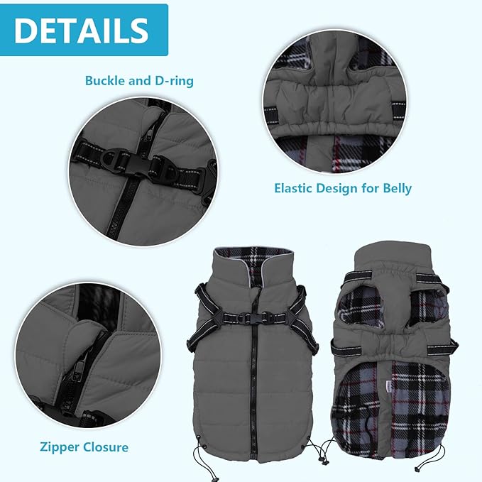 Geyecete Winter Warm Coat Waterproof Dog Jacket with Harness Traction Belt,Pet Outdoor Jacket for Small Dogs-Gray
