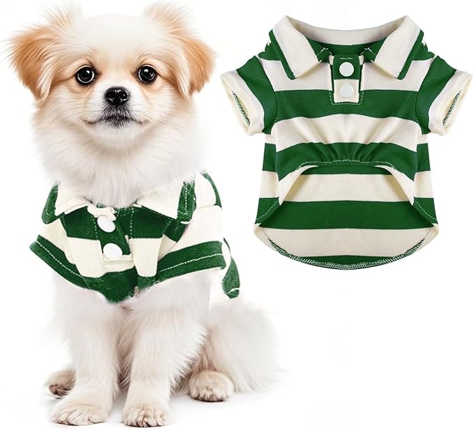 Dog Shirt Polo Shirt Striped Collar Puppy Clothes Summer Button Up Pet Clothes for Small Medium Dogs Cats for Boy Girl Pets (Green, Small)