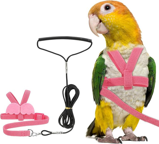 Bird Harness Leash, Adjustable Pet Parrot Bird Harness and Leash Lightweight Anti-Bite Flight Training Rope with Cute Wing, (Pink, XS), Intended for Parrots/Pigeons/Budgies