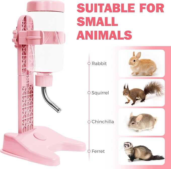 VANNON Pet Standing Water Dispenser Top Fill Dog Water Bottle Dispenser with Stand Leakproof Pet Slow Water Bottle for Small Animals, 13oz, BPA Free, Adjustable Height, Pink