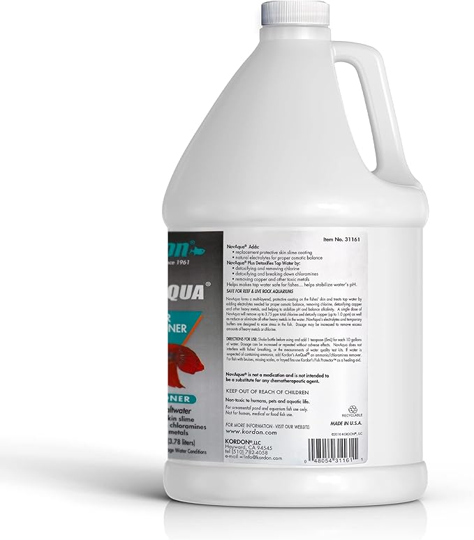 KORDON Novaqua Aquarium Water Conditioner for Freshwater & Saltwater – Instantly Detoxifies Chlorine, Chloramines, & Heavy Metals in Tap Water, Replaces Fish Slime Coat, Adds pH Buffers, 1-gallon