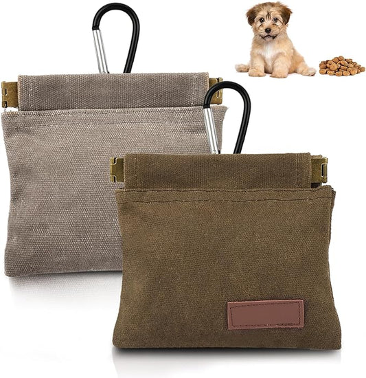 2Pcs Dog Treat Pouches for Pet Training, Hand Free Puppy Dogs Treat Bag with Carabiner, Portable Auto Closing Pet Dog Walking Bag for Travel Outdoor Use, Pets Snack Reward Pocket-Light Brown, Grey