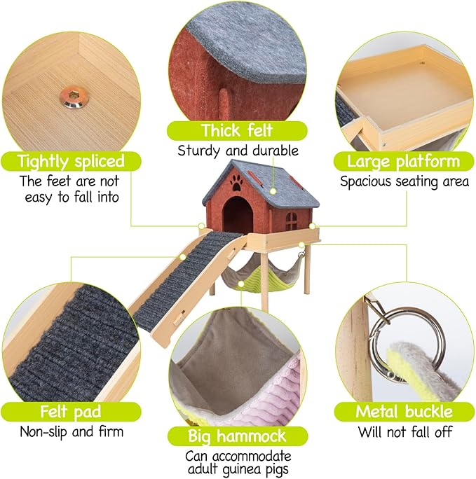 BESNEW 3 in 1 Enlarged Guinea Pig Hammock,Wooden Guinea Pig Hideout with House & Platform & Stairs Small Animal Toys for Hiding Sleeping Activities