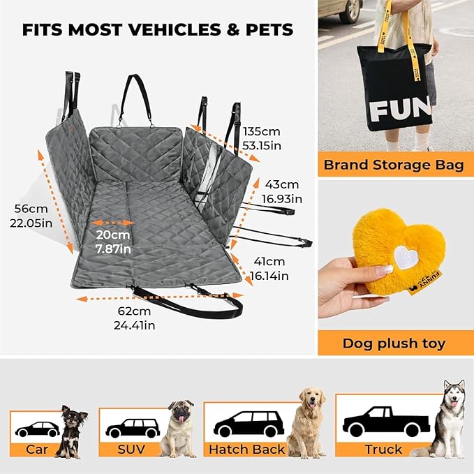 FUNNY FUZZY Dog Car Seat Cover, Back Seat Extender for Dogs - 420Lb Hard Bottom Waterproof Pet Car Seat Cover, 600D Heavy Duty Pet Hammock with Non-Slip Bottom for Cars, SUV, Trucks