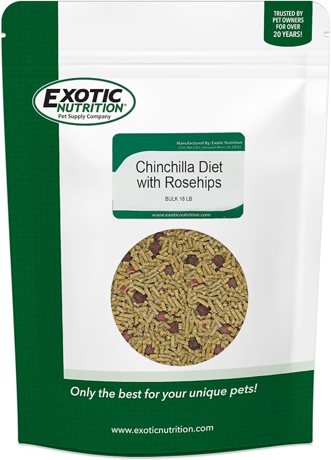 Exotic Nutrition Chinchilla Diet with Rose HIPS 18 lb. - Nutritionally Complete Natural Healthy Pellet Food for Pet Chinchillas