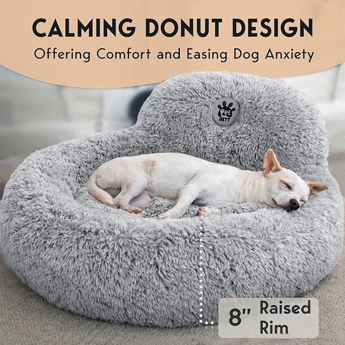 PetJett Calming Dog Bed Medium Size Dog - 30'' Donut Bed, Washable Dog Bed - Anti-Slip Super Soft Fluffy Plush Round Bed, Anti-Anxiety Premium Comfort Pet Bed, Fits Dogs up to 45 lbs - Bright Grey