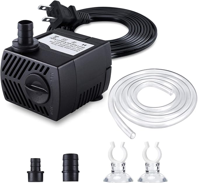 CWKJ Fountain Pump, 80GPH(4W 300L/H) Submersible Water Pump, Durable Outdoor Fountain Water Pump with 4.9ft Tubing (ID x 1/3-Inch), 3 Nozzles for Aquarium, Pond, Fish Tank, Water Pump Hydroponics