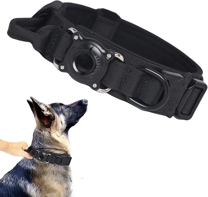 Upgraded AirTag Dog Collar,Waterproof Tactical Dog Collar with AirTag Holder, Control Handle and Metal Buckle,Heavy Duty Dog Collars for Large Dogs (Black，L