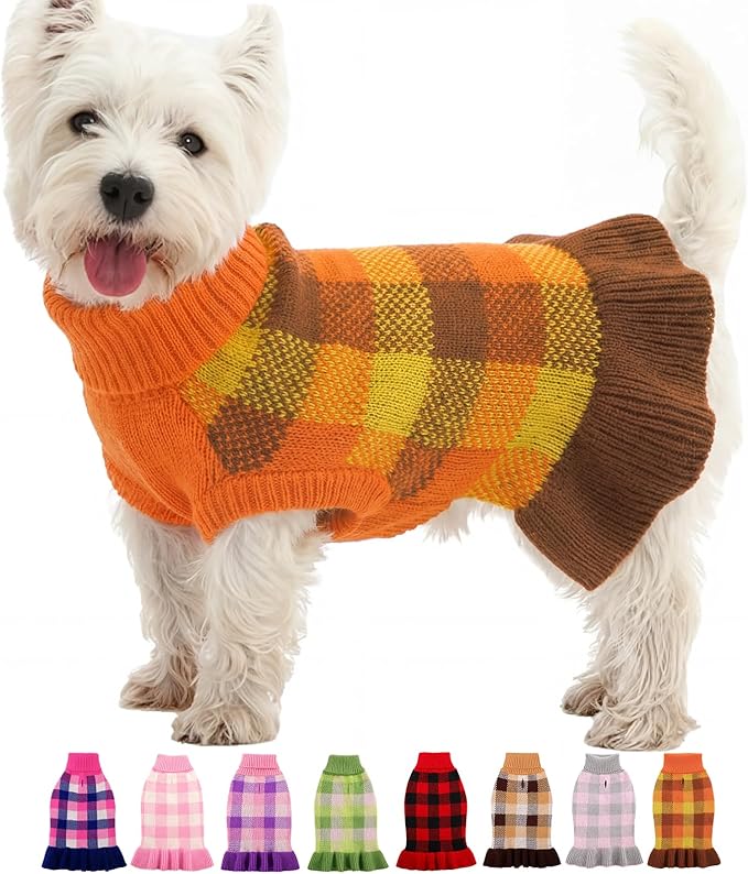 Dog Sweater Dress Plaid Knitwear for Small Medium Dogs Warm Puppy Pet Turtleneck Stretch Pullover Cute Fall Winter Vest Clothes with Leash Hole for Christmas (Orange, S)