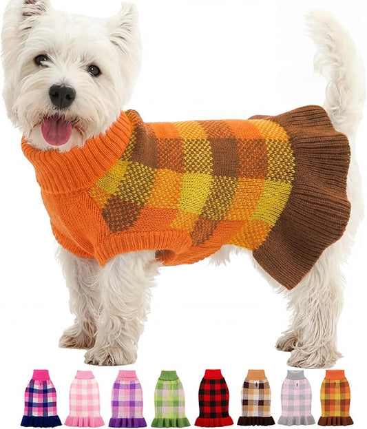 Dog Sweater Dress Plaid Knitwear for Small Medium Dogs Warm Puppy Pet Turtleneck Stretch Pullover Cute Fall Winter Vest Clothes with Leash Hole for Christmas (Orange, XS)