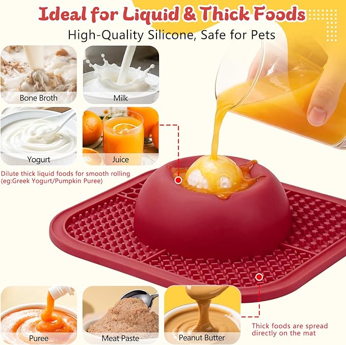 PetsHome Slow Feeder Dog Bowls & Lick Mat for Liquid and Thick Treat, Anti-Slip Dog Lick Bowl with Interactive Rolling Ball, 5/6 Cup Pup Licking Toy for Large Medium Small Dogs and Cats Red
