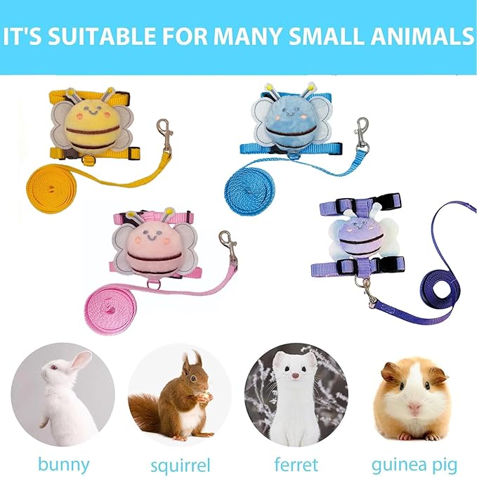 4 Sets Leash Set Small Pet Cute Vest Harness Leash and Adjustable Bunny Rabbit Harness with Decoration for Bunny Ferret Small Pets(Bees)