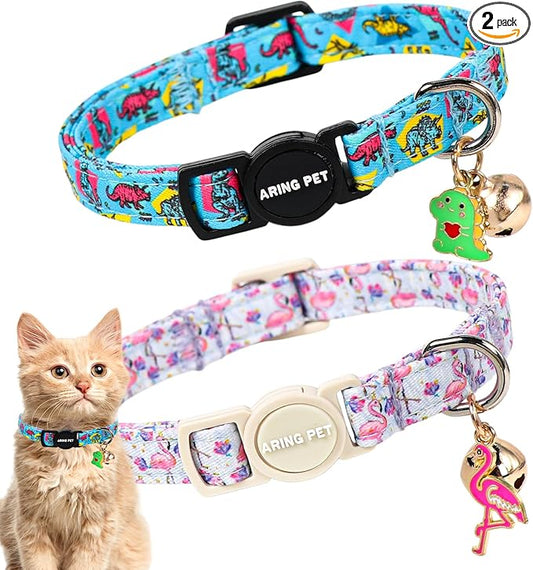 ARING PET 2 Pack Cat Collars with Bell, Cute Summer Soft Cotton Kitten Kitty Breakaway Cat Collars for Boy Girl Cats-Dinosaur & Flamingo