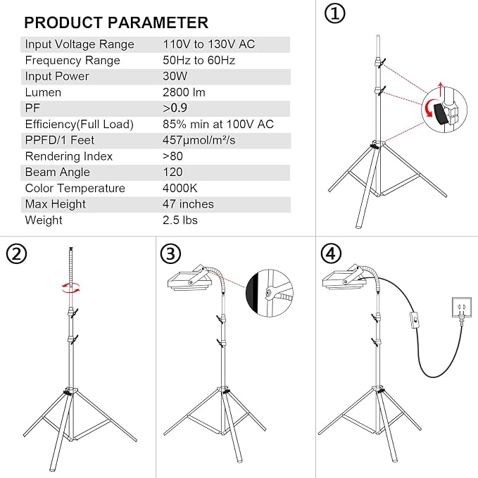 LBW Grow Light with Stand, Full Spectrum Grow Lights for Indoor Plants | On/Off Switch Plant Grow Light, 15-48 in Adjustable Tripod Stand, 48 LED Plant Light for Indoor Garden
