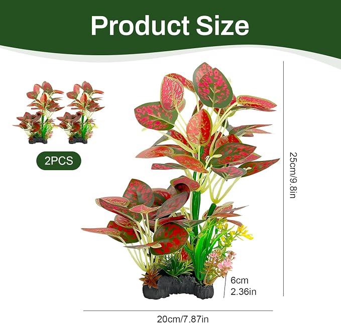 Silk Aquarium Plants (2-Pack), 9.8-inch Artificial Aquarium Silk Plants | Simulated Fish Habitat Decor, Safe Silk Plants for Aquariums Fish fishbowl (Red)