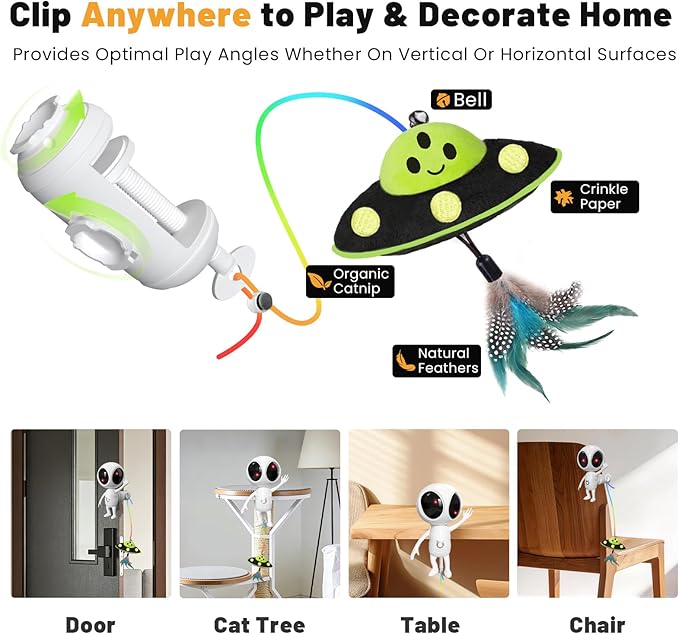 Cat Laser Toy, 2-in-1 Interactive Cat Toys with Dual Laser & Catnip Dangler, Smart Motion-Activated Random Trajectory, 4 Speed Modes, Rechargeable, Quiet & Clamp Design for Bored Indoor Cats