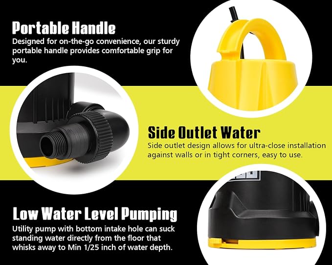 Submersible Sump Pump 1/2HP Portable Water Pump 2500GPH Drain Water for Pool Pond Hot Tub Flooded House High Flow/Low Water Level Mode Adjustable