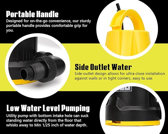 Submersible Sump Pump 1HP Portable Water Pump 5000GPH Drain Water for Pool Pond Hot Tub Flooded House High Flow/Low Water Level Mode Adjustable