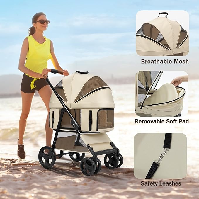 4 Wheels Pet Stroller for Small/Medium Dogs and Cats,Dog Stroller with Detachable Carrier and Storage Basket,One Click Folding,Compact Portable,Up to 50lbs,3 in1 Multifunctional(Khaki)