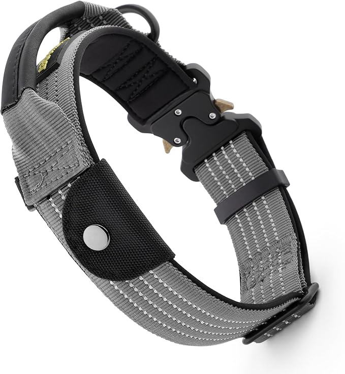 Plutus Pet Tactical Dog Collar with Tracker Pocket for AirTag, Adjustable Reflective Nylon Collar, Metal Buckle, Leather-Wrapped Handle, Soft Padded for Medium Large Dogs (Gray, L)