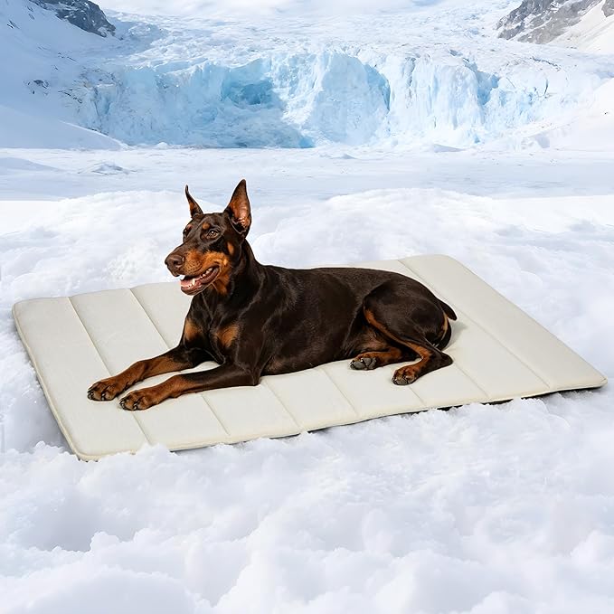 Cooling Dog Mat Q-Max>0.5 - Rapid Cooling Tech, Thin Breathable Crate Pad, Portable Washable Summer Mat, Chill Soothing Fabric - 47"x29" Extra Large Dog, Dark Beige