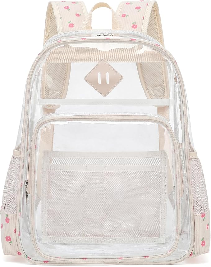 Clear Backpack for Girls Women School Bookbag Heavy Duty Transparent Backpacks (Corduroy Flowers Pink)