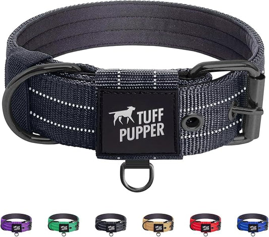 Tuff Pupper Heavy Duty Tactical Dog Collar | 1.25" Wide Ballistic Nylon | Reflective Stitching | Integrated ID Tag Holder | Stainless Steel Buckle | Padded Lining | Small & Medium Dogs (Black, Small)