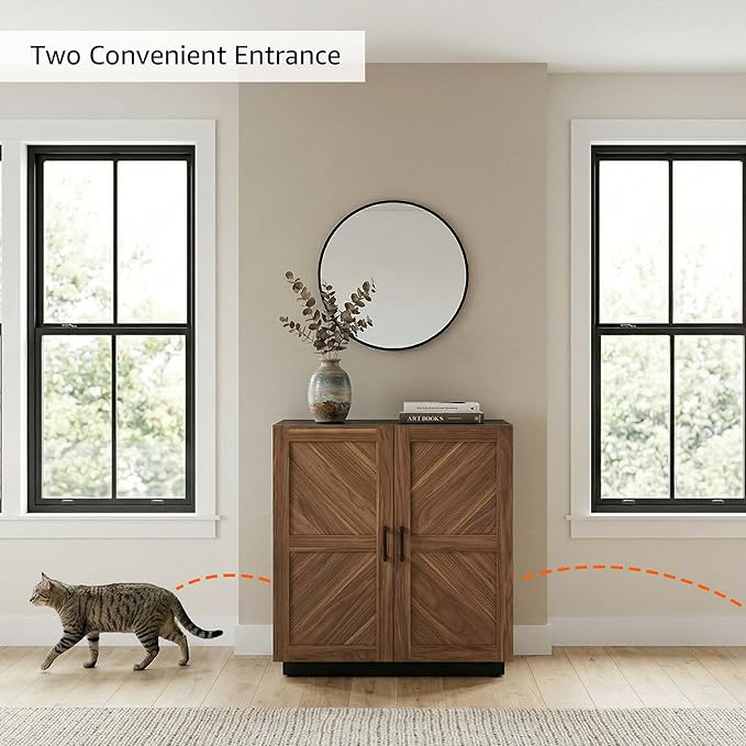unipaws Cat Litter Box Enclosure Furniture with Storage Shelf, Tall Hidden Litter Box Cover for Tall or Top Entry Litter Box, Kitty Enclosed Cabinet, Cat Box with Odor Control, Walnut and Black