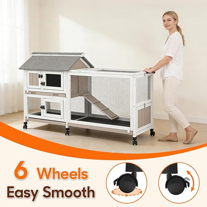 59 in Rabbit Hutch Indoor Bunny Cage, with 3 Leak-Proof Removable Trays, Expandable 2-Story Wooden Waterproof Roof Bunny House Outdoor Chicken Coop
