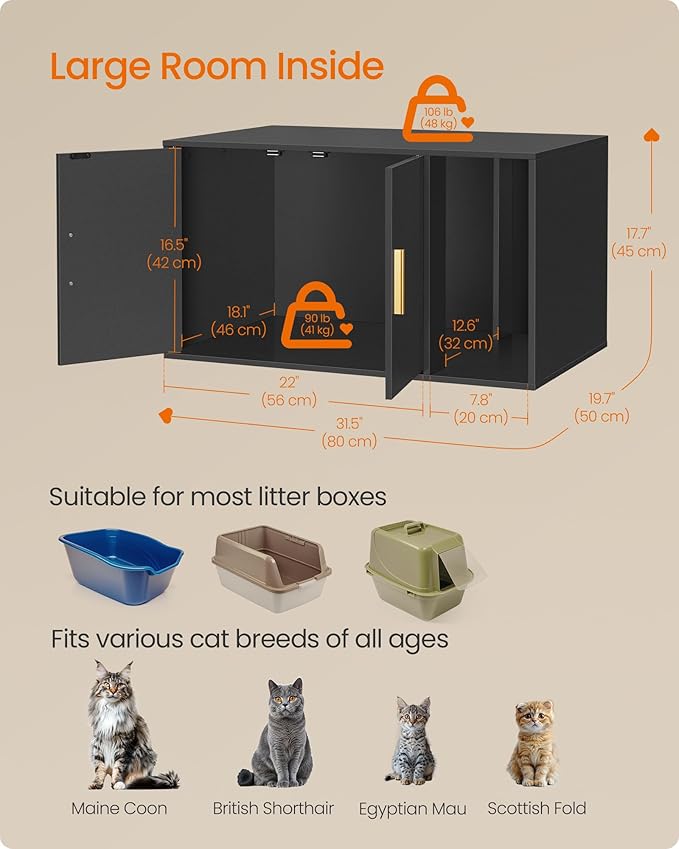 Feandrea Cat Litter Box Enclosure, Modern Hidden Litter Box Furniture, Front Entry, Double Doors, Indoor Pet House, Living Room Side End Table, 31.5 x 19.7 x 17.7 Inches, Ink Black UPCL020BC01S