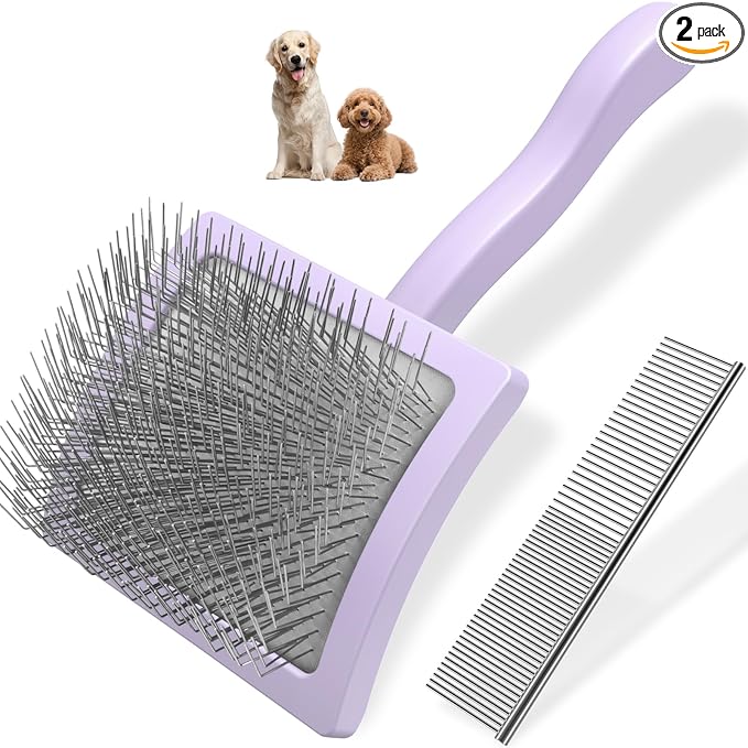 2PCS Slicker Brush for Dogs & Pet Comb,Professional Dog Grooming Brush (Goldendoodles,Poodles,Labradoodles) with Extra Long Pins to Effectively Remove Tangles, Knots and Mats (Light Purple, Large)