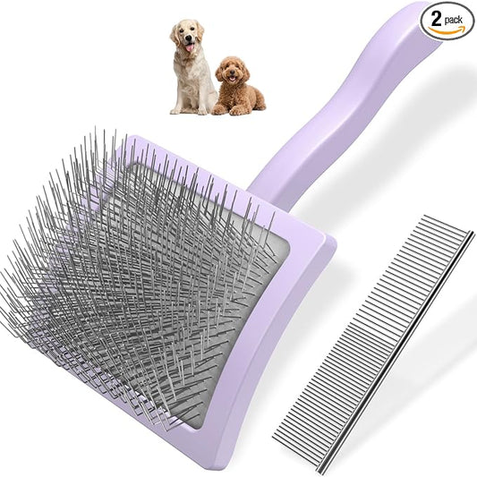 2PCS Slicker Brush for Dogs & Pet Comb,Professional Dog Grooming Brush (Goldendoodles,Poodles,Labradoodles) with Extra Long Pins to Effectively Remove Tangles, Knots and Mats (Light Purple, Large)