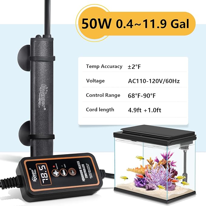 hygger Mini Submersible Aquarium Heater, Turtle and Betta Fish Tank Heater with Digital Display External Controller Freshwater