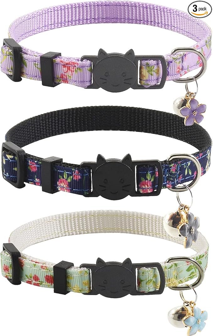 3 Pack Breakaway Cat Collars with Bell and Accessories, Flower Pattern Adjustable Cute Kitten Collars Floral for Kitty Puppy 7.5-11in