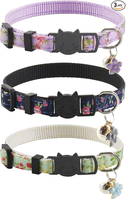 3 Pack Breakaway Cat Collars with Bell and Accessories, Flower Pattern Adjustable Cute Kitten Collars Floral for Kitty Puppy 7.5-11in