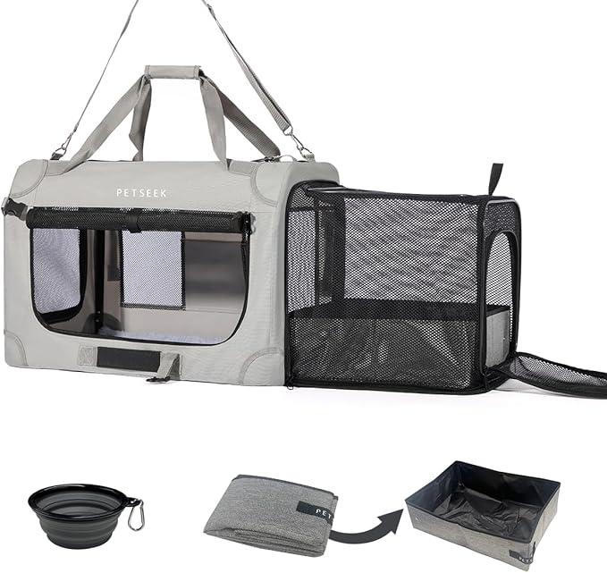 Extra Large Expandable Cat Carrier Soft Sided for Car, Portable Small Dog Carrier for 2 Cats, 24"x16.5"x16" Road Travel Folding Comfortable Design with Litter Box and Bowl