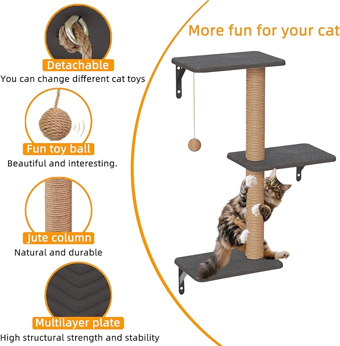 5-in-1 Cat Wall Shelves Set with Hammock, Wall-Mounted Cat Furniture Includes Condo, Bridge, Ladder & Steps for Indoor Cats, Safe & Stable (Dark Gray)
