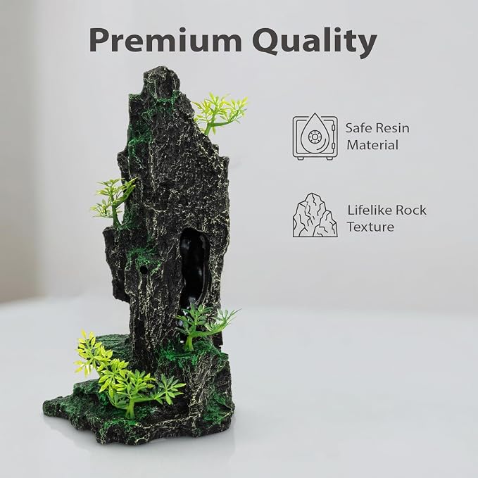 Aquarium Mountain View Stone Ornament, Large Resin Hideout Cave for Betta & Shrimp, Fish Tank Decor Rock Cave with Fish Cave and Hideouts (7.87" x 4.33" x 13.98")