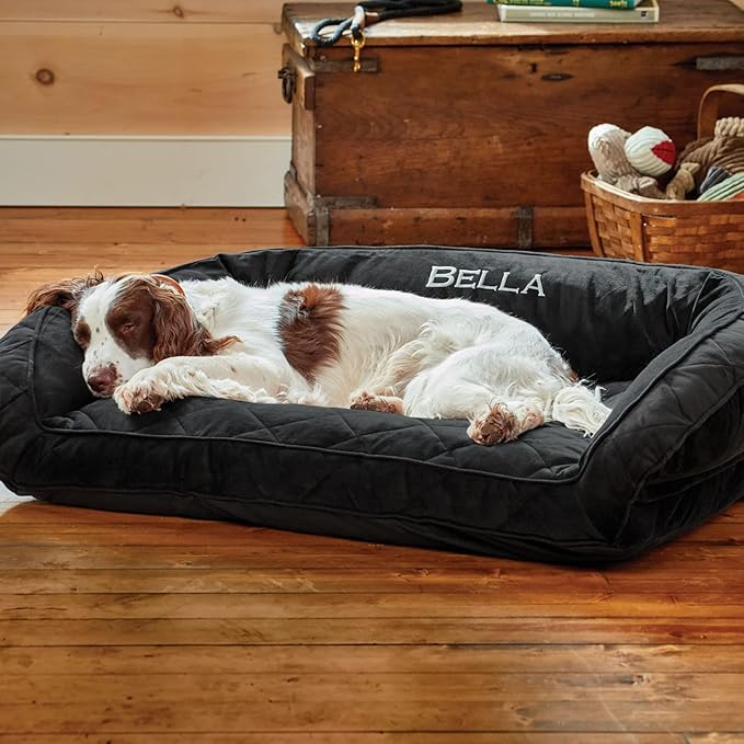 Orvis Comfort Fill-Eco Couch Dog Bed – Plush Three-Sided Bolster with Comfort Fill-Eco Cushion, Quilted Cover, Zip-Off & Machine Washable, Slate - Small
