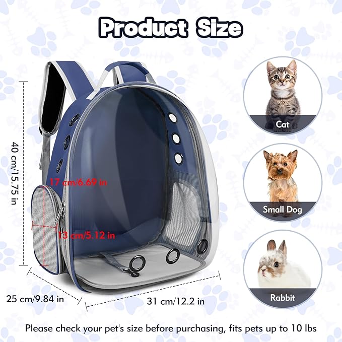 Cat Bubble Backpack, Transparent Cat Backpack for Kitten Small Dog Pet, Space Capsule Cat Backpack Carrier for Hiking Camping Travel Outdoor Use (Navy Blue)