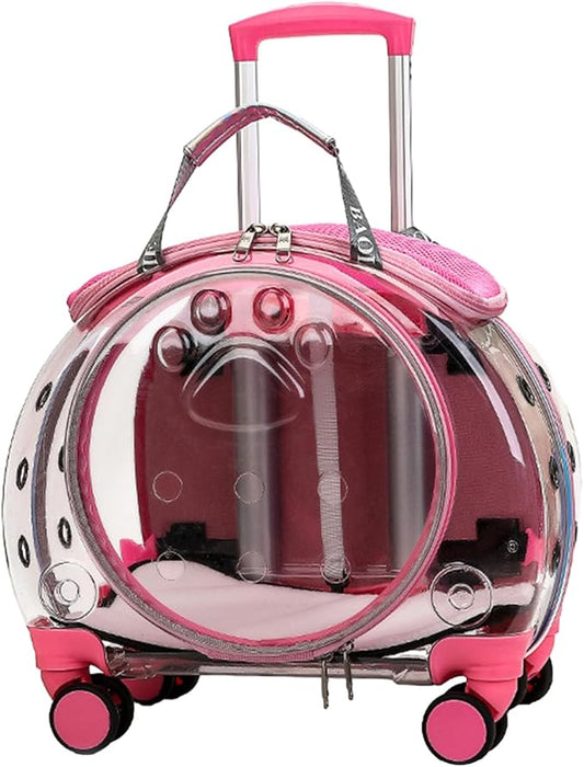 Cat Carrier with Silent Wheels Telescopic Handle, Transparent Bubble Cat Carrier, Pet Trolley Case with Clear Ventilation Holes, Portable Cats Dogs Backpack, Pet Rolling Carrier Bag for Hiki