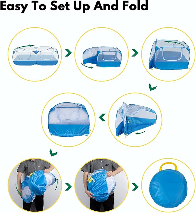 Small Animals Playpen with Detachable Bottom, Breathable Mesh Walls, Portable Indoor/Outdoor Pet Cage Tent for Rabbits, Puppies, Kittens, Chicks (Blue)