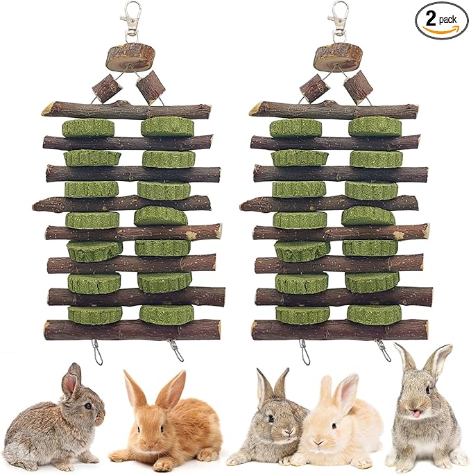 Hamiledyi 2 PCS Rabbit Chew Toys Hanging Bunny Toys for Teeth Grinding Natural Apple Wood Sticks and Timothy Grass Cake Improve Small Animals Dental Health Treats for Guinea Pig Hamster Chinchilla