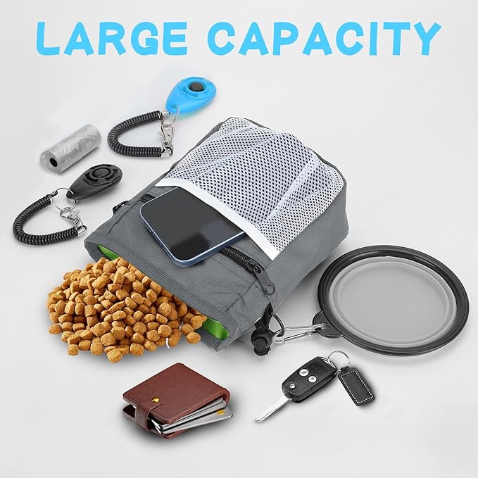 Dog Treat Pouch for Pet Training, 3-Way Wear Training Bag with 2 Clickers, Collapsible Bowl & Poop Bag, Large Capacity Dog Training Kit with Adjustable Waist Belt/Shoulder Strap for Walking