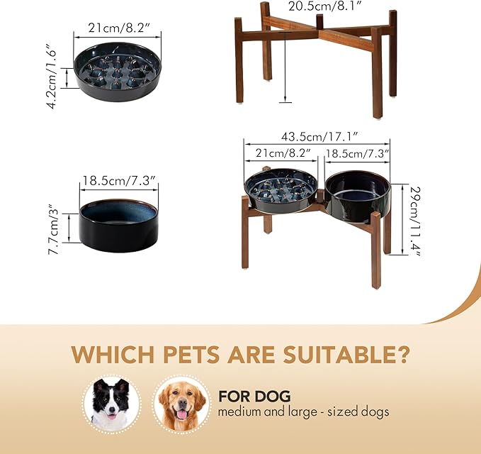 Havniva Elevated Slow Feeder Dog Bowls, 1.6 Cups/8.2 inch Slow Feeders + 7.3 inch Ceramic Dog Food & Water Bowls Set with Acacia Wood Stand Puzzle Bowls for Fast Eater, Medium Dogs Anti-Choking