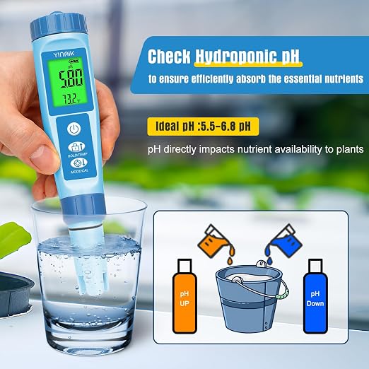 Water pH Meter, Digital 4 in 1 pH Temp EC TDS Meter for Hydroponics | PH Conductivity PPM Tester with EC Calibration Liquid, Suit for Growing Nutrients,Reservoir Tank,DWC,Brewing,Pool, Aquarium