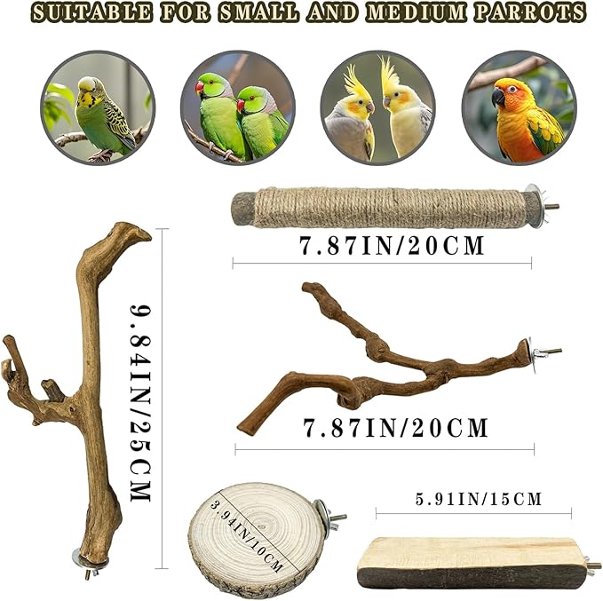6 Pcs Medium Bird Perch Set, Natural Wood Bird Perches, Parrot Cage Toys for Cockatiels, Conures, Budgies, and Parakeets, Cage Accessories for Small and Medium Parrots